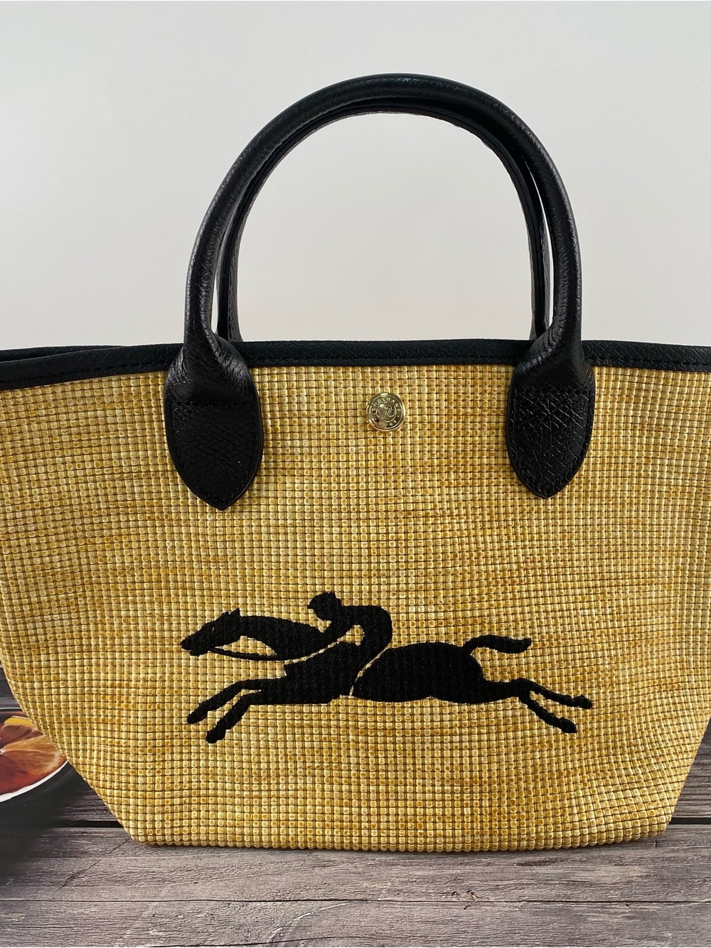 Woven Straw Tote with Black Leather Trim and Horse Motif - Picture 4 of 5